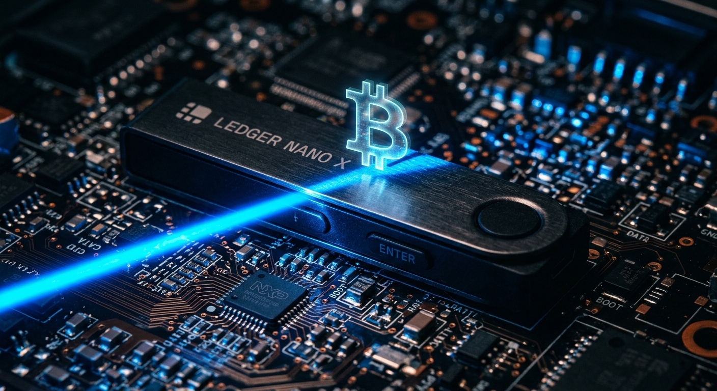 ארנק חומרה קריפטוגרפי מדגם Ledger Nano X עם סמל ביטקוין הולוגרפי מואר בכחול, מונח על גבי לוח מעגלים אלקטרוני.